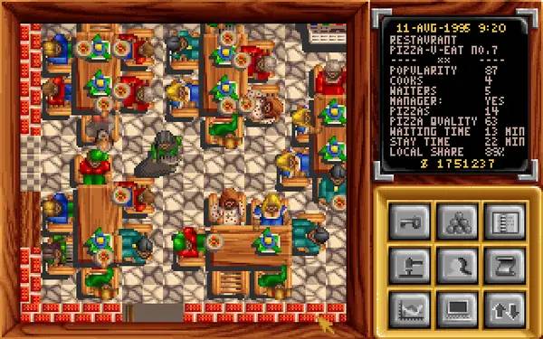 Кадр с взаимодействием персонажа и объекта в Pizza Connection (Pizza Tycoon)