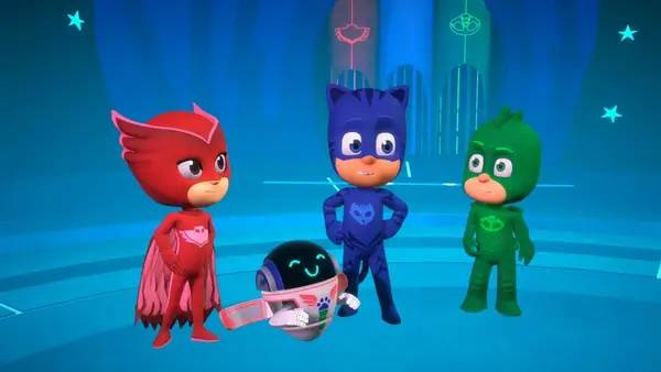 Кадр с взаимодействием персонажа и объекта в PJ MASKS HEROES OF THE NIGHT