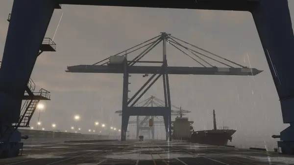 Кадр с взаимодействием персонажа и объекта в Port Cranes  Container Age