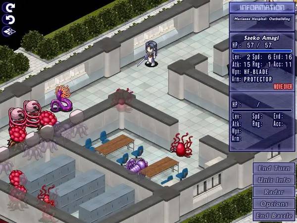 Кадр с взаимодействием персонажа и объекта в Pretty Soldier Wars A.D. 2048