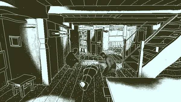 Кадр с взаимодействием персонажа и объекта в Return of the Obra Dinn