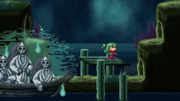 Кадр с взаимодействием персонажа и объекта в Rising Dusk