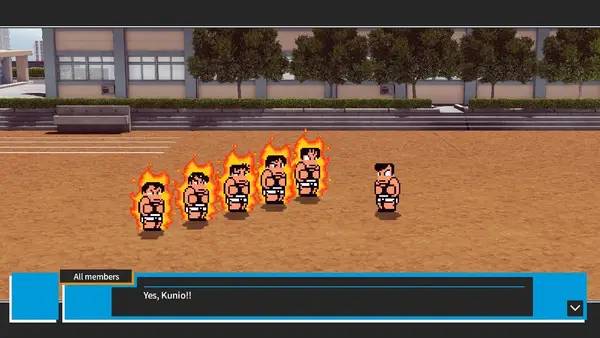 Кадр с взаимодействием персонажа и объекта в River City Melee  Battle Royal Special