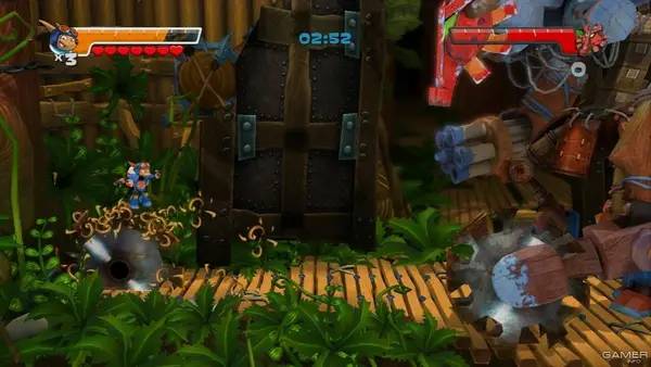 Кадр с взаимодействием персонажа и объекта в Rocket Knight