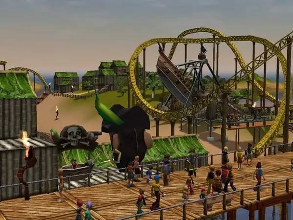 Кадр с взаимодействием персонажа и объекта в RollerCoaster Tycoon 3 Platinum