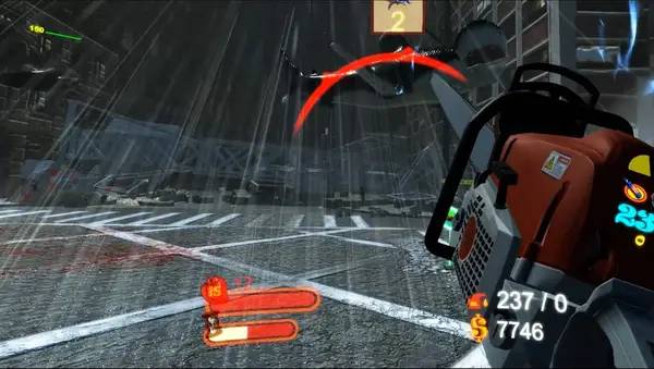 Кадр с взаимодействием персонажа и объекта в Sharknado VR  Eye of the Storm