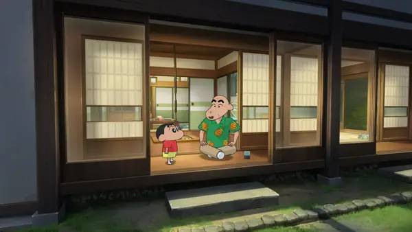 Кадр с взаимодействием персонажа и объекта в Shin chan  Shiro and the Coal Town