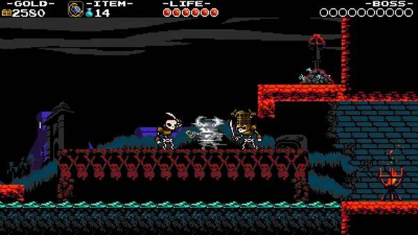Кадр с взаимодействием персонажа и объекта в Shovel Knight  Shovel of Hope