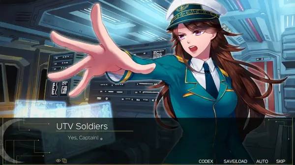 Кадр с взаимодействием персонажа и объекта в Sierra Ops - Space Strategy Visual Novel