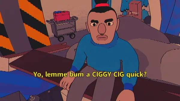 Кадр с взаимодействием персонажа и объекта в SLUDGE LIFE The BIG MUD Sessions