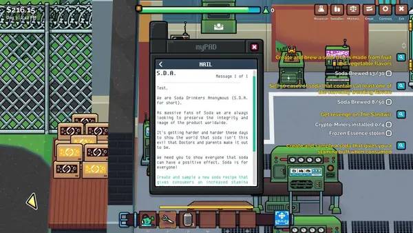 Кадр с взаимодействием персонажа и объекта в Soda Story - Brewing Tycoon