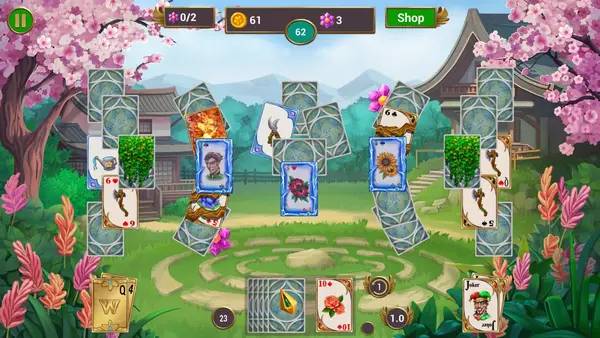 Кадр с взаимодействием персонажа и объекта в Solitaire Quest  Garden Story
