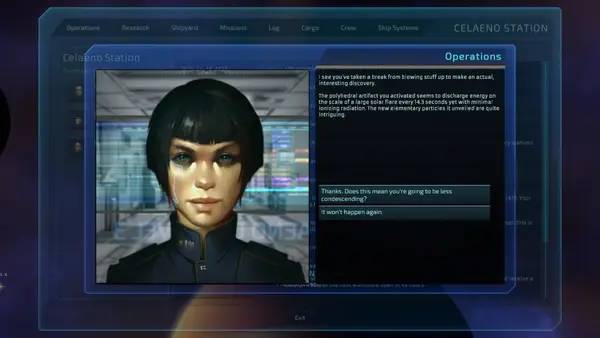 Кадр с взаимодействием персонажа и объекта в Starcom Unknown Space