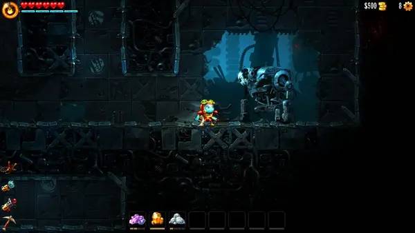 Кадр с взаимодействием персонажа и объекта в SteamWorld Dig 2