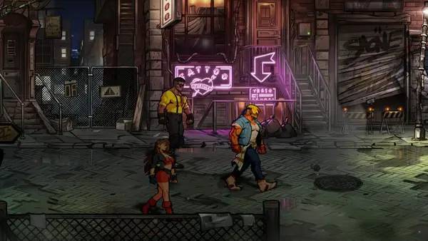 Кадр с взаимодействием персонажа и объекта в Streets of Rage 4