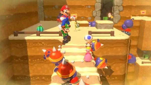 Кадр с взаимодействием персонажа и объекта в Super Mario 3D World + Bowser's Fury