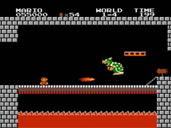 Кадр с взаимодействием персонажа и объекта в Super Mario Bros (classic 1985)