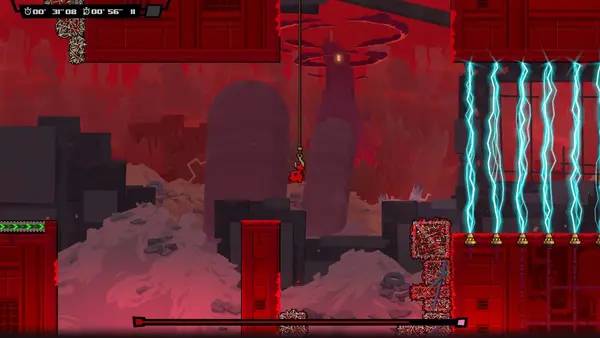 Кадр с взаимодействием персонажа и объекта в Super Meat Boy Forever