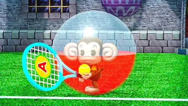 Кадр с взаимодействием персонажа и объекта в Super Monkey Ball Banana Mania