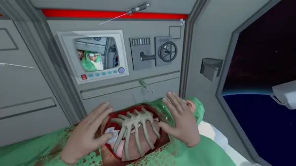 Кадр с взаимодействием персонажа и объекта в Surgeon Simulator Experience Reality