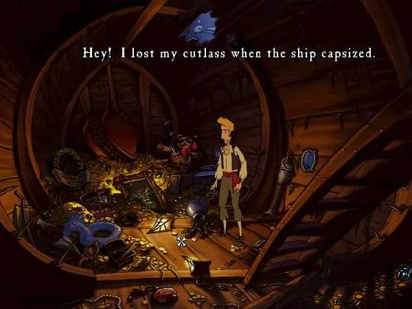 Кадр с взаимодействием персонажа и объекта в The Curse of Monkey Island