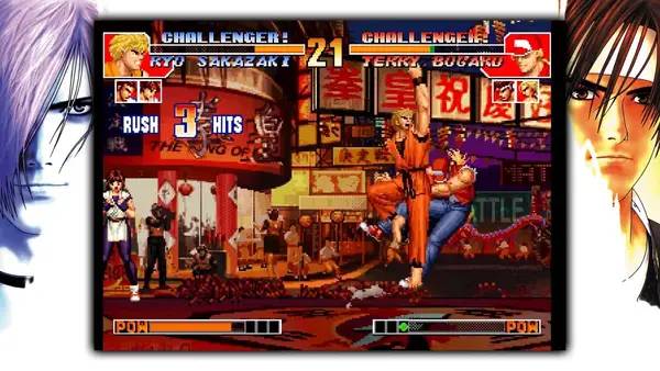 Кадр с взаимодействием персонажа и объекта в THE KING OF FIGHTERS '97 GLOBAL MATCH