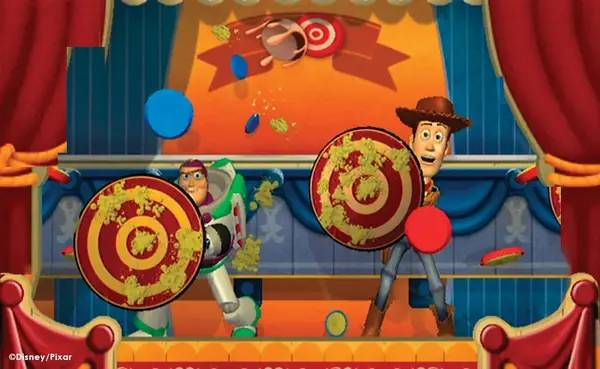 Кадр с взаимодействием персонажа и объекта в Toy Story Mania!
