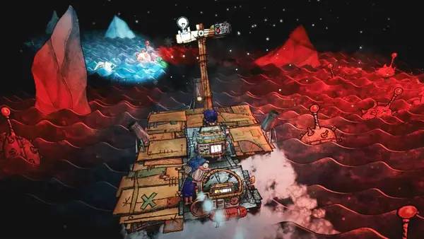 Кадр с взаимодействием персонажа и объекта в Trash Sailors  Co-Op Trash Raft Simulator