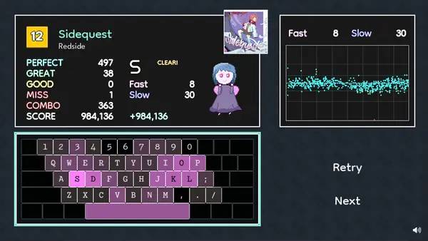 Кадр с взаимодействием персонажа и объекта в Typing Tempo