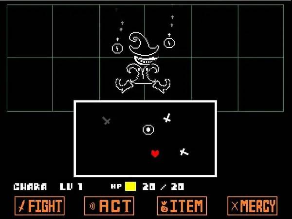 Кадр с взаимодействием персонажа и объекта в Undertale