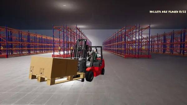 Кадр с взаимодействием персонажа и объекта в Warehouse Simulator  Forklift Driver