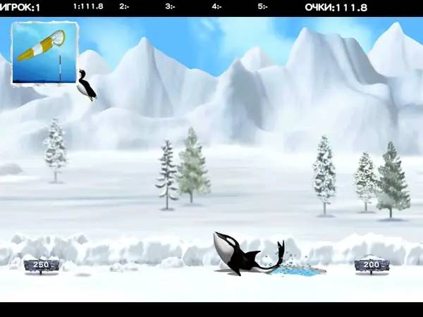 Кадр с взаимодействием персонажа и объекта в Yetisports  Кругосветный пингвин!