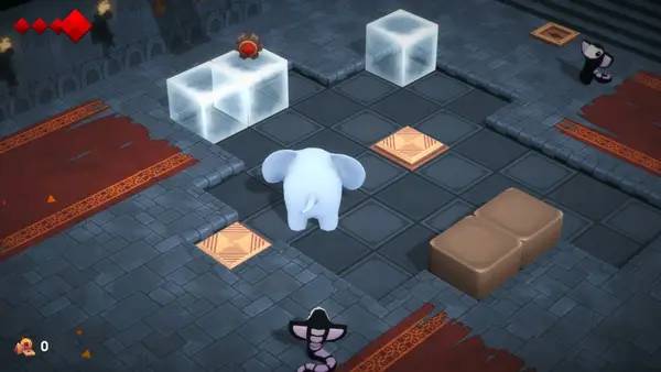 Кадр с взаимодействием персонажа и объекта в Yono and the Celestial Elephants