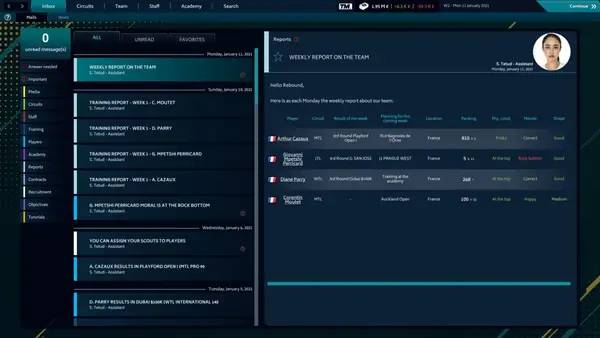 Отображение результата после выполнения миссии в Tennis Manager 2021