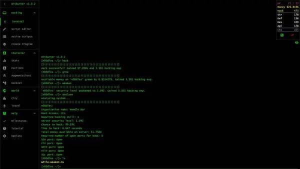 Персонаж Bitburner в процессе выполнения задания