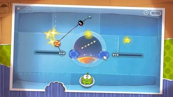 Персонаж Cut the Rope в процессе выполнения задания