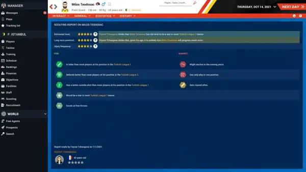 Персонаж Pro Basketball Manager 2022 в процессе выполнения задания