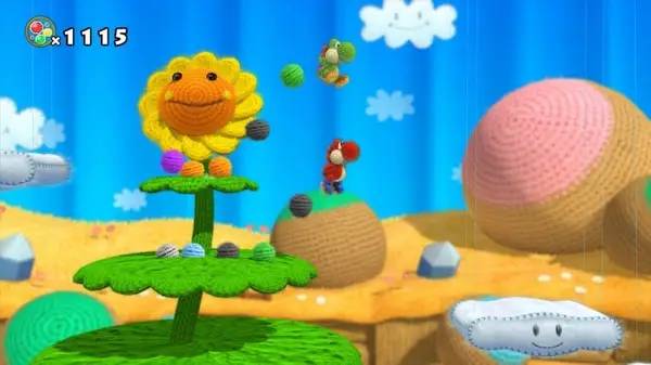 Персонаж Yoshi's Woolly World в процессе выполнения задания