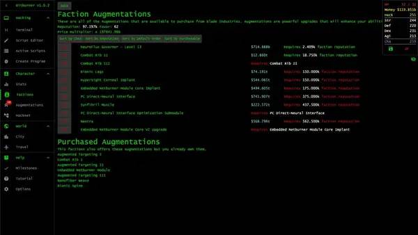 Пример визуального стиля и графики игры Bitburner